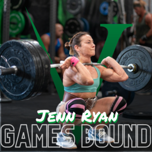 Invictus Masters Athlete "Games Bound" text over Jenn Ryan doing a clean.
